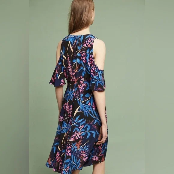Anthropologie Maeve Open Shoulder Dress Floral Black A Line Size 10 and 6 - Picture 3 of 9